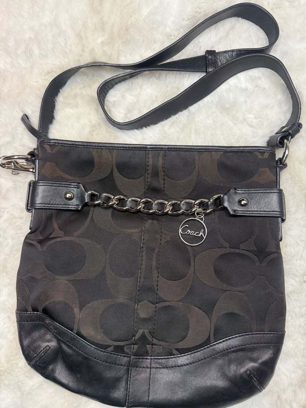 Coach Signature Optic Chain Black Canvas and Leather Crossbody Bag F19730